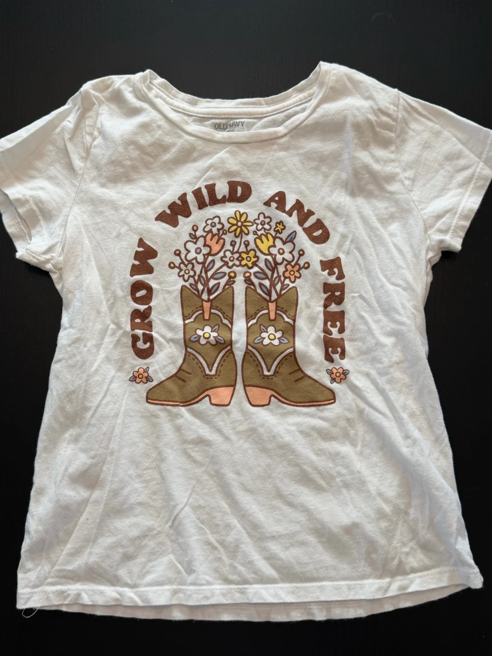 Old Navy White Tee with Brown & Olive Floral Cowboy Boots Graphic